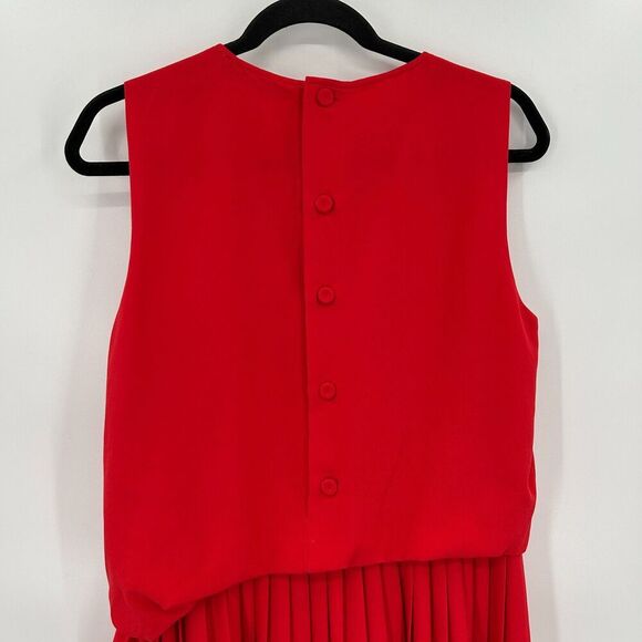 MARELLA Red Sleeveless Blouson Pleated Side Tie Button Back Midi Dress Size 8 - Picture 7 of 9
